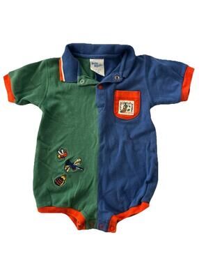 Vintage Baby BGosh 12 Months Blue Red Green Color Block Romper 90s Bugs Shirt